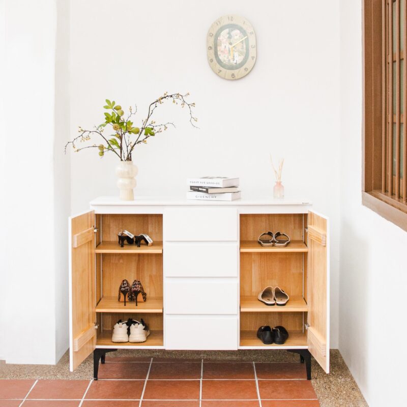 adjustable shoe cabinet with drawers on elevated legs
