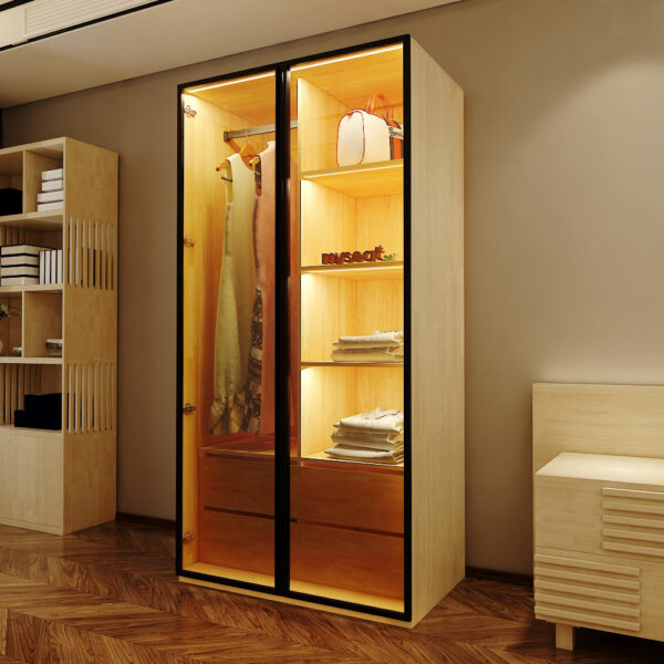 solid wood wardrobe customisation sustainable furniture display glass door led light