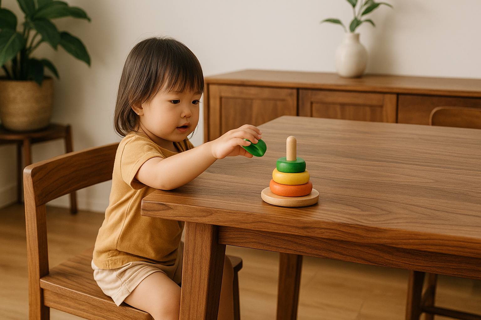 A child playing safely near a wooden dining table - MYSEAT.SG